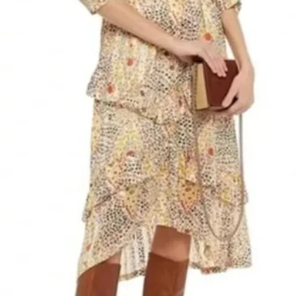 ba&sh Paris Happy Dress | Boho Ruffle Tiered Midi | Earth-Tone Floral | Small - Picture 3 of 13